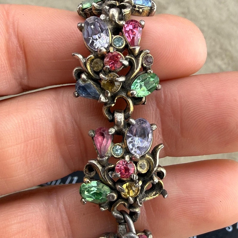 Vintage Hollycraft Bracelet Multi Color Pastel Rhinestone Floral 1950 7in - Picture 7 of 16